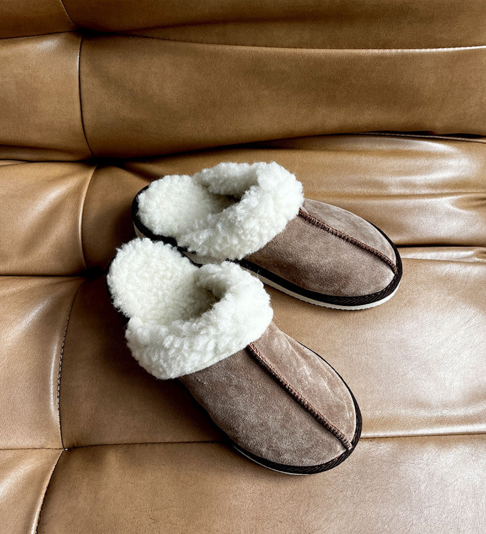 IDA Skórzane kapcie damskie z wełną merino