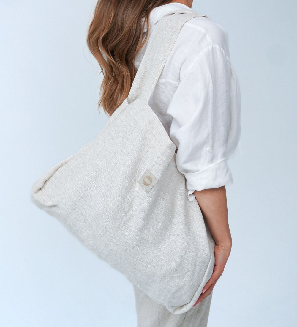 LETNIARA Duża torba plażowa z lnu - piaskowa szarość