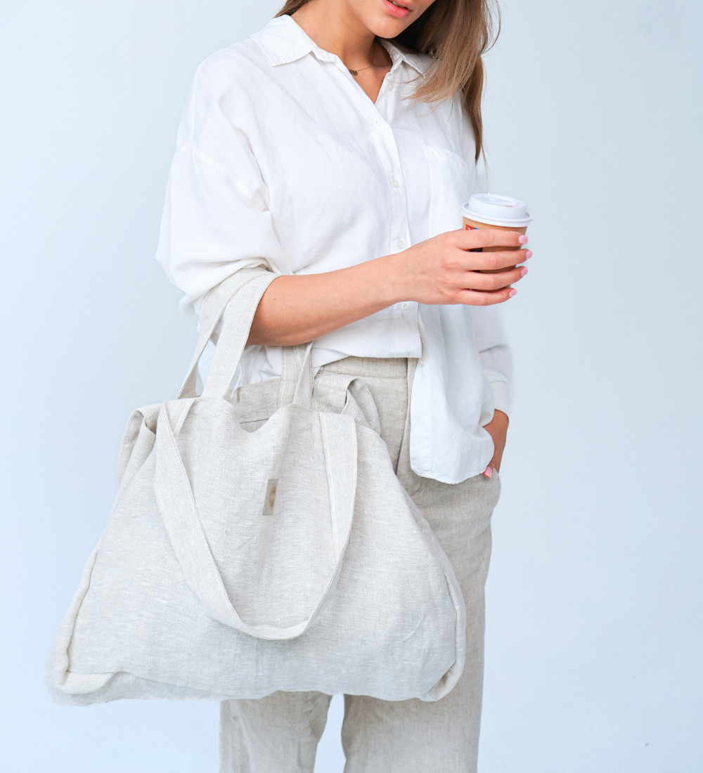 LETNIARA Duża torba plażowa z lnu - piaskowa szarość