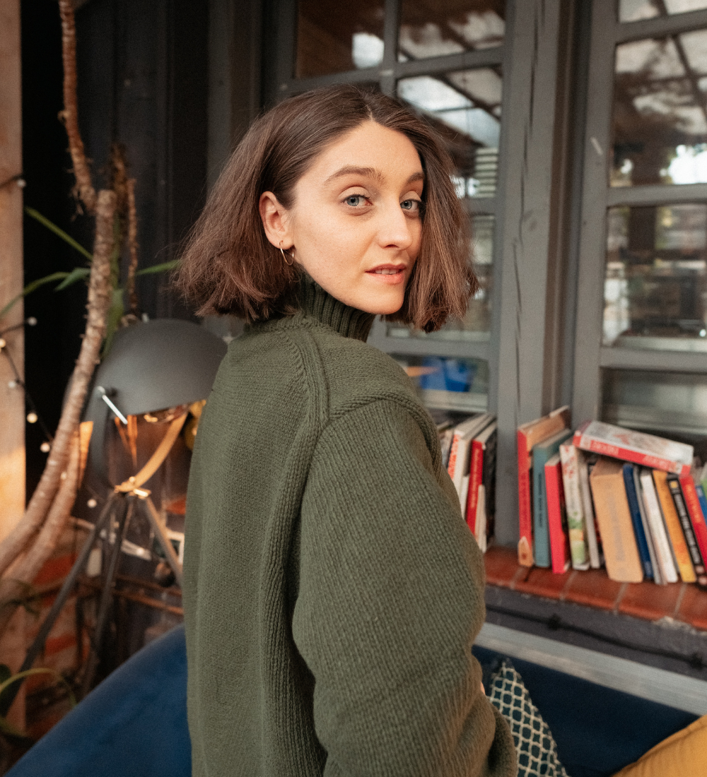 NOLLA Sweter z wełny merynos o grubym splocie - oliwkowy