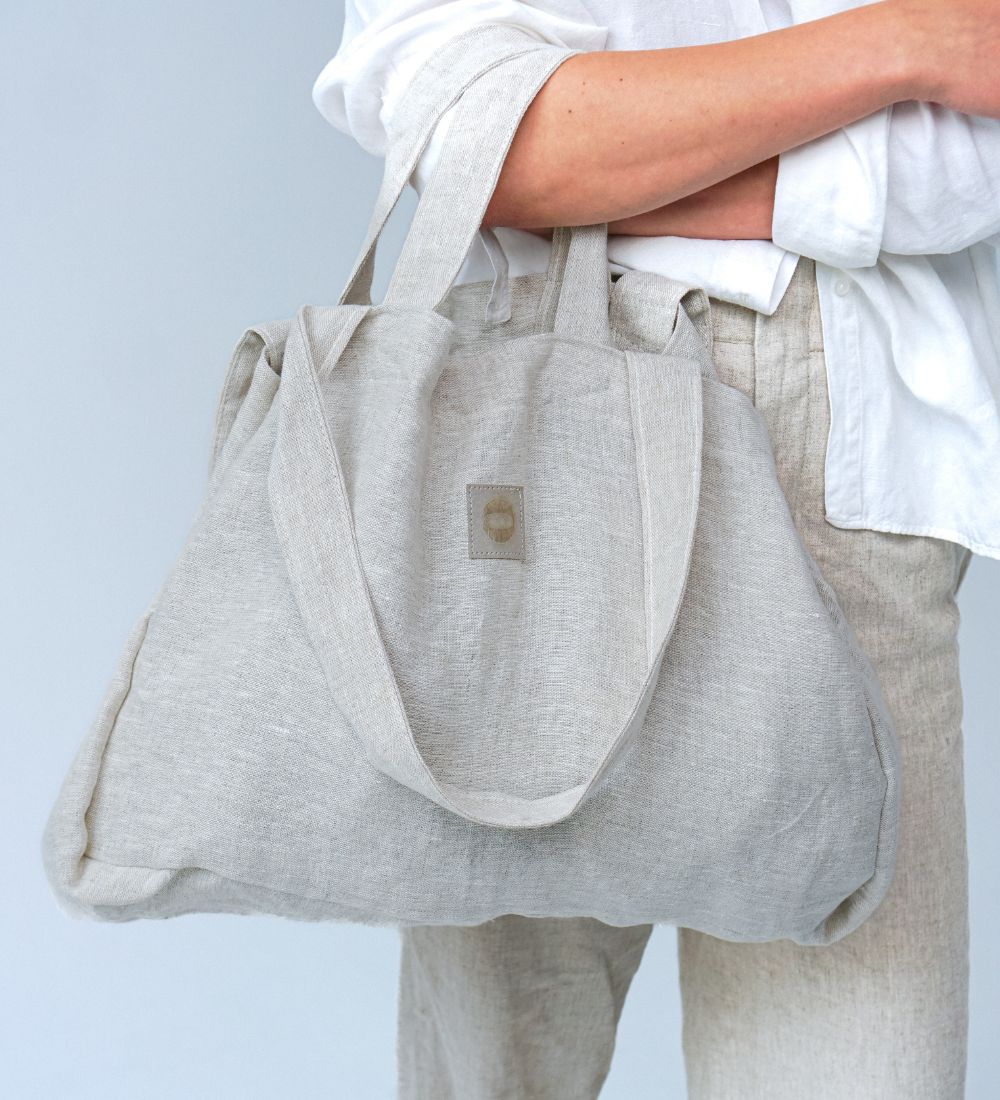 LETNIARA Duża torba plażowa z lnu - piaskowa szarość