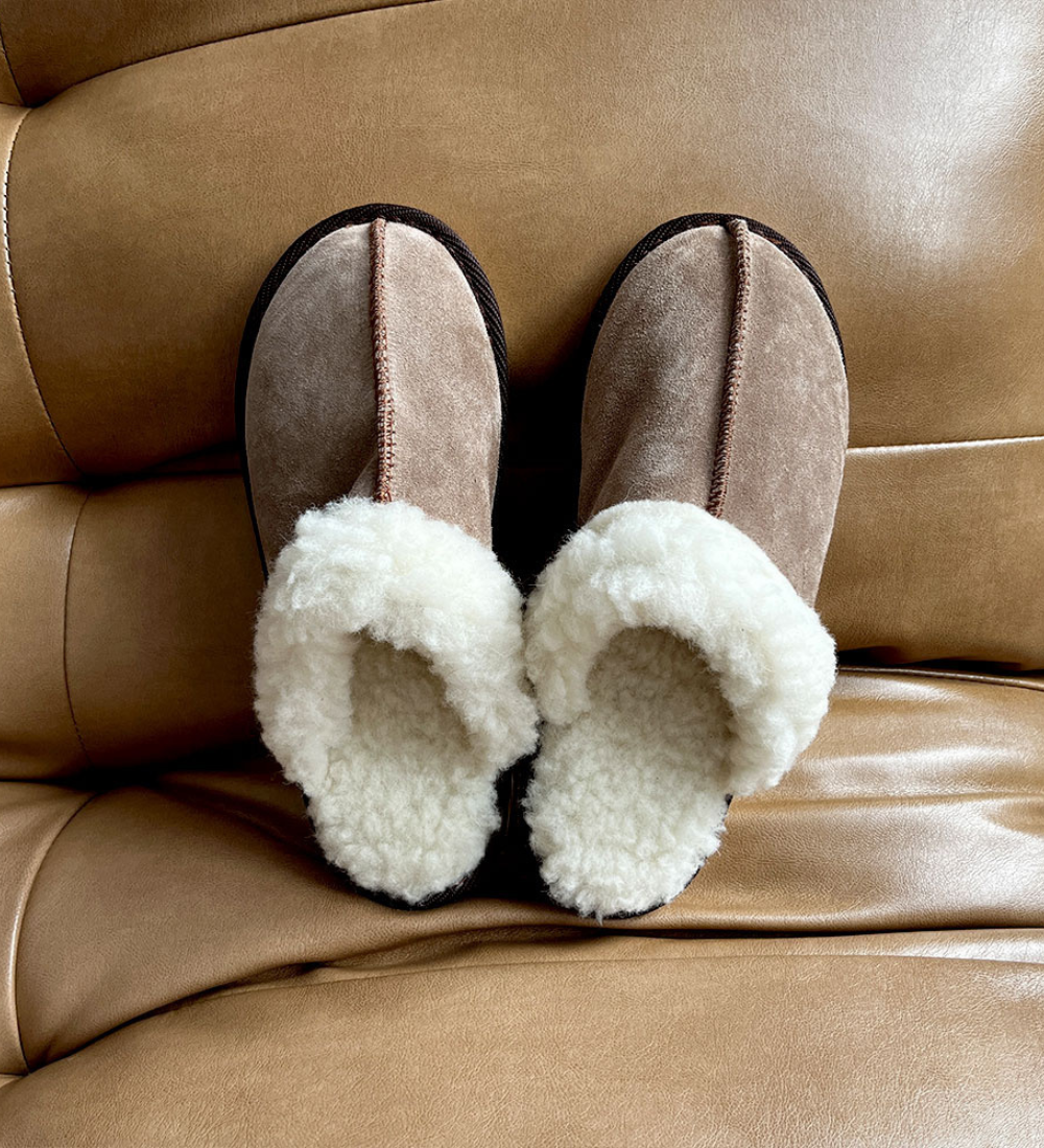 IDA Skórzane kapcie damskie z wełną merino