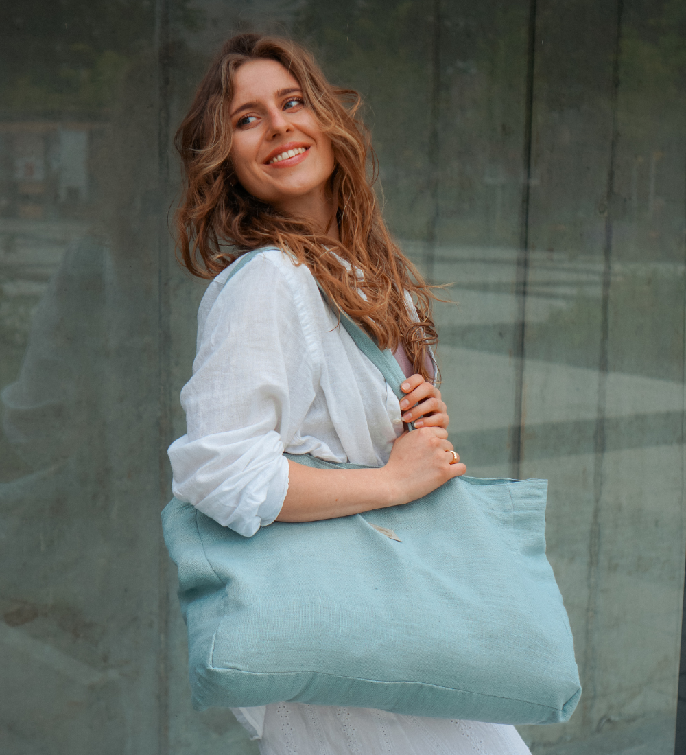 LETNIARA Duża torba plażowa z lnu - morska bryza