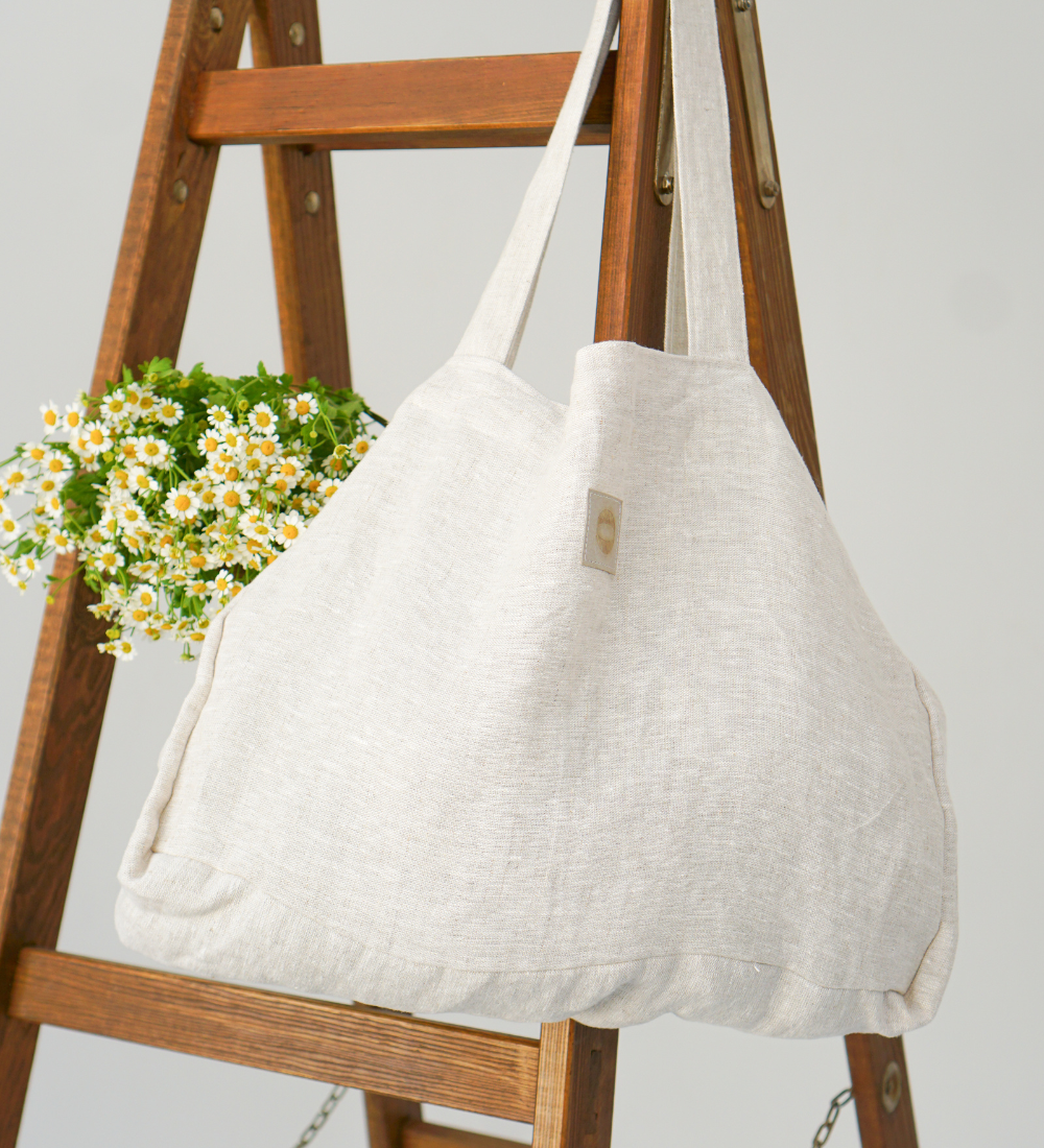 LETNIARA Duża torba plażowa z lnu - piaskowa szarość