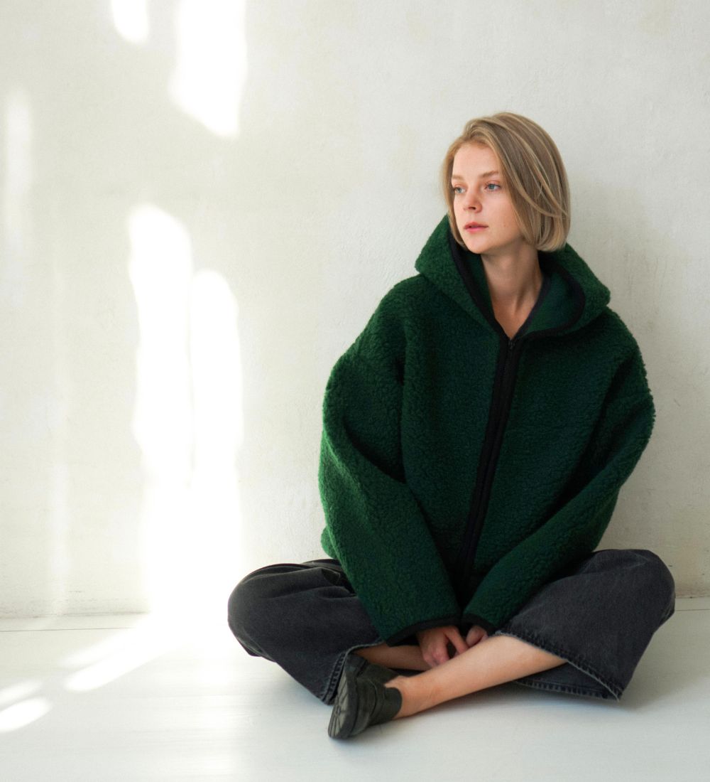 MIŚ Wełniana kurtka/bluza z kapturem - butelkowa zieleń