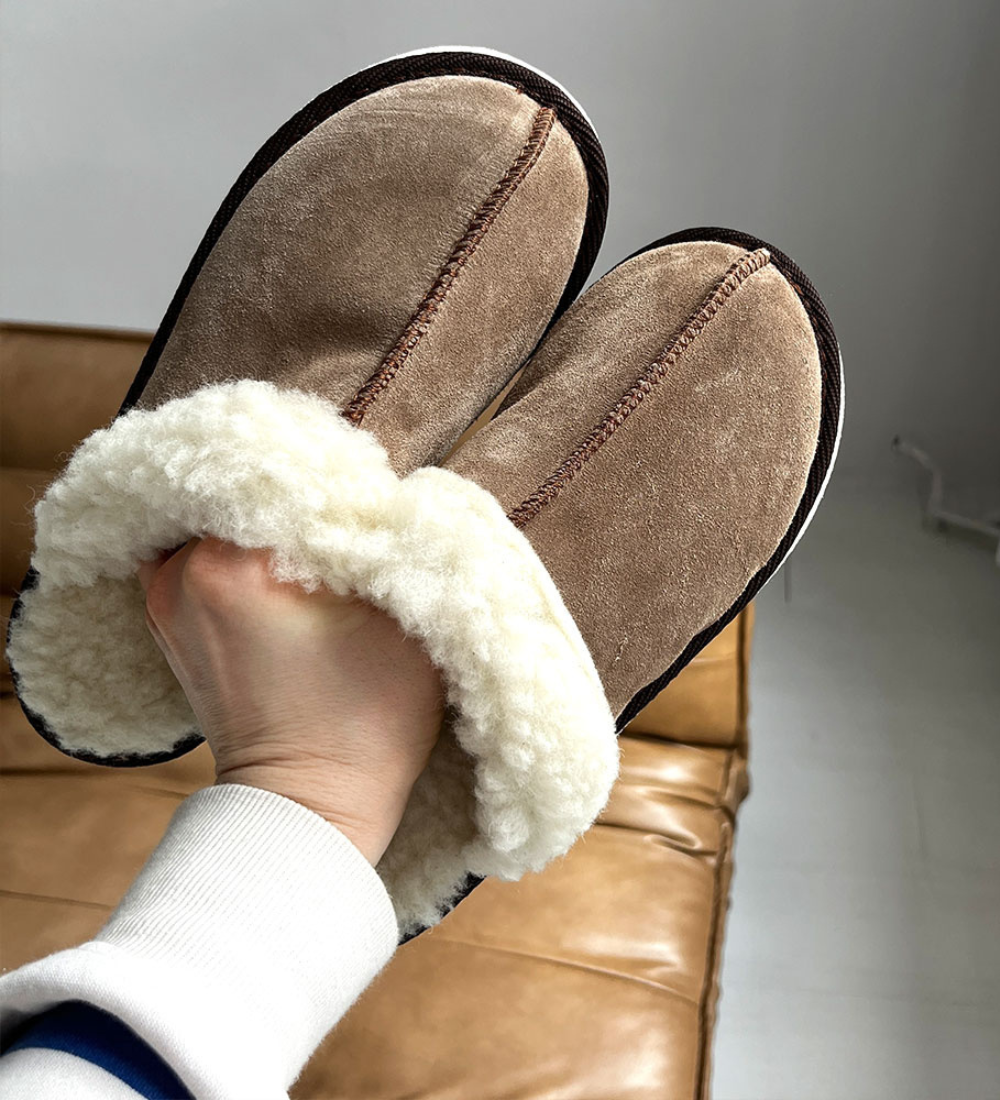 IDA Skórzane kapcie damskie z wełną merino