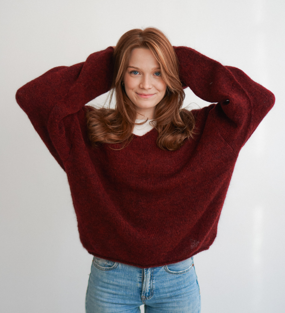 GEMMA Lekki sweter z wełną i moherem - bordowy