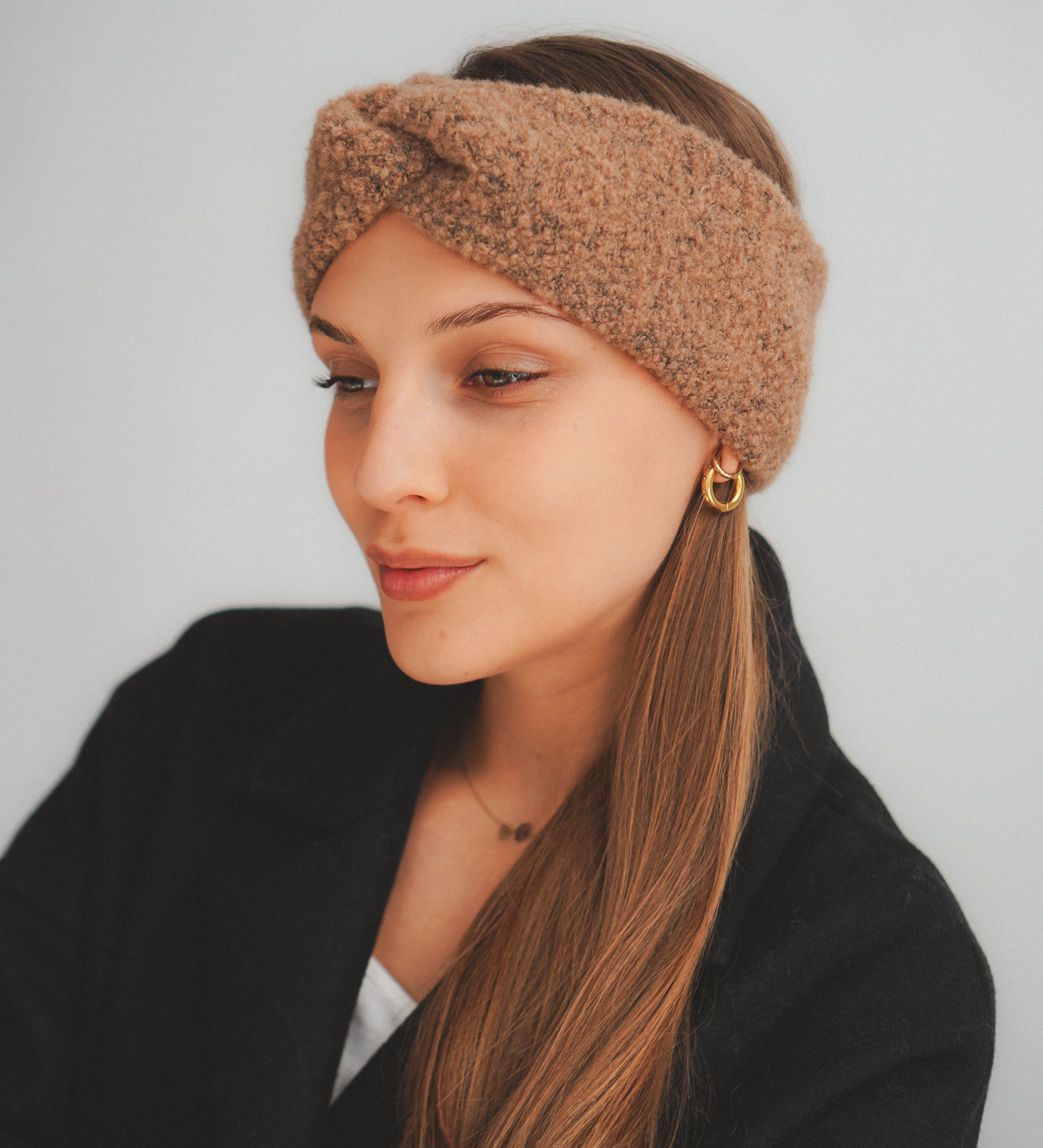 ELLA Opaska z wełny merynosa boucle - brązowa