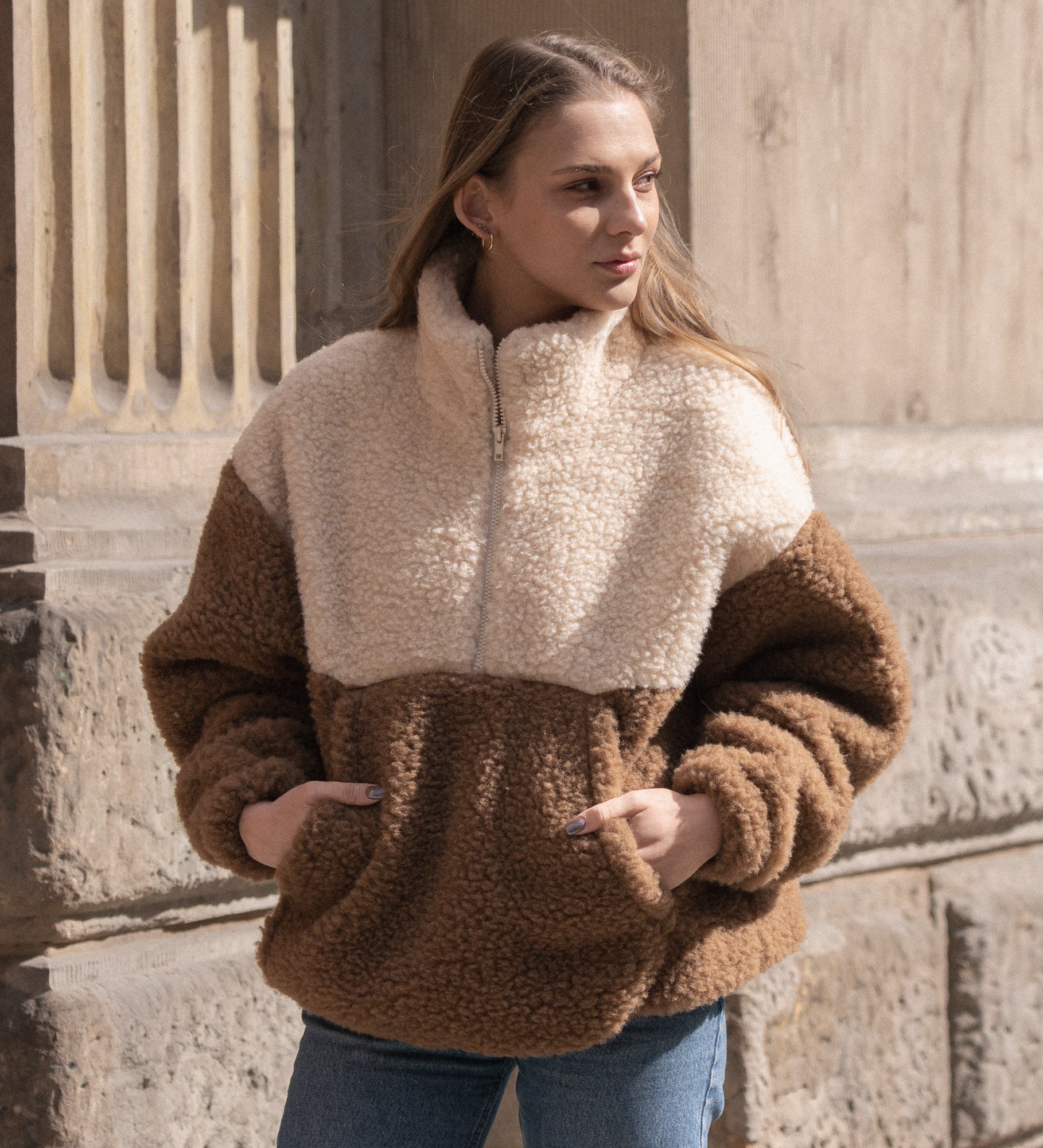 ESME Dwukolorowy polar z wełny merino - brązowy