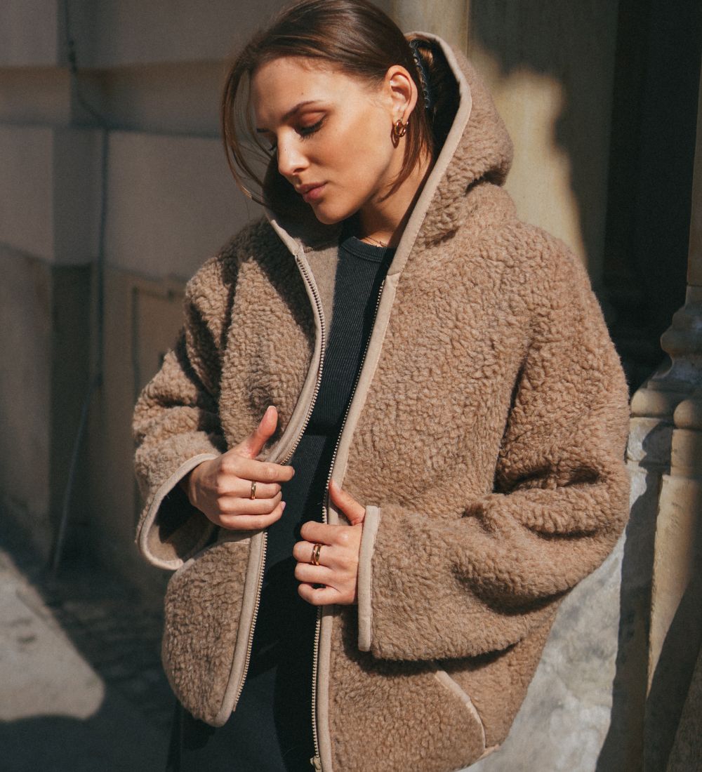 Ciepła wełniana bluza kurtka z kapturem dębowa