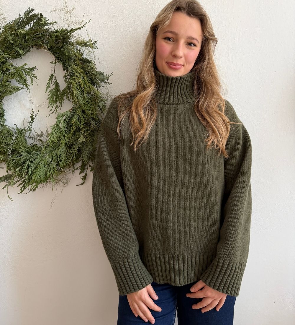 NOLLA Sweter z wełny merynos o grubym splocie - oliwkowy