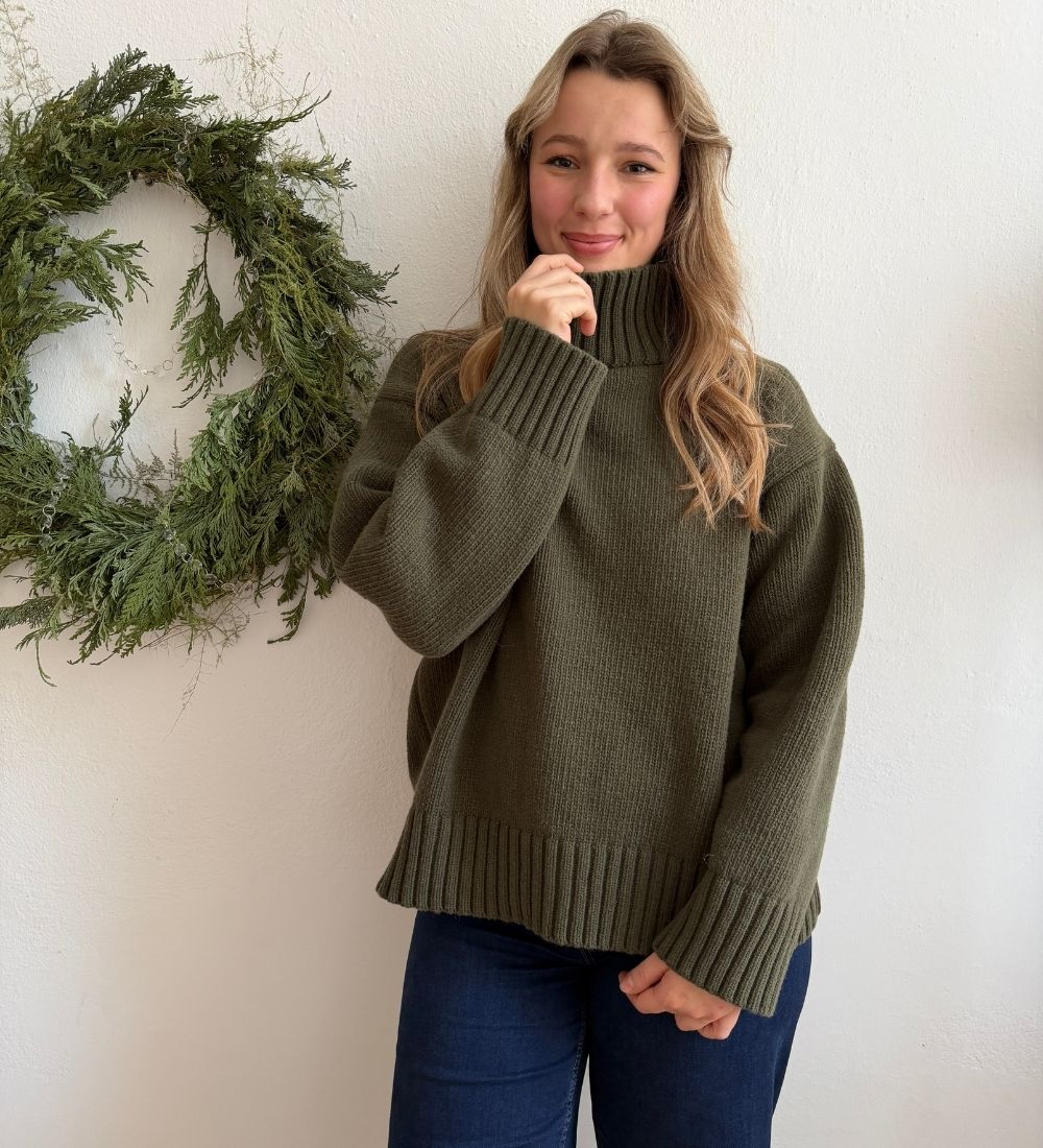 NOLLA Sweter z wełny merynos o grubym splocie - oliwkowy