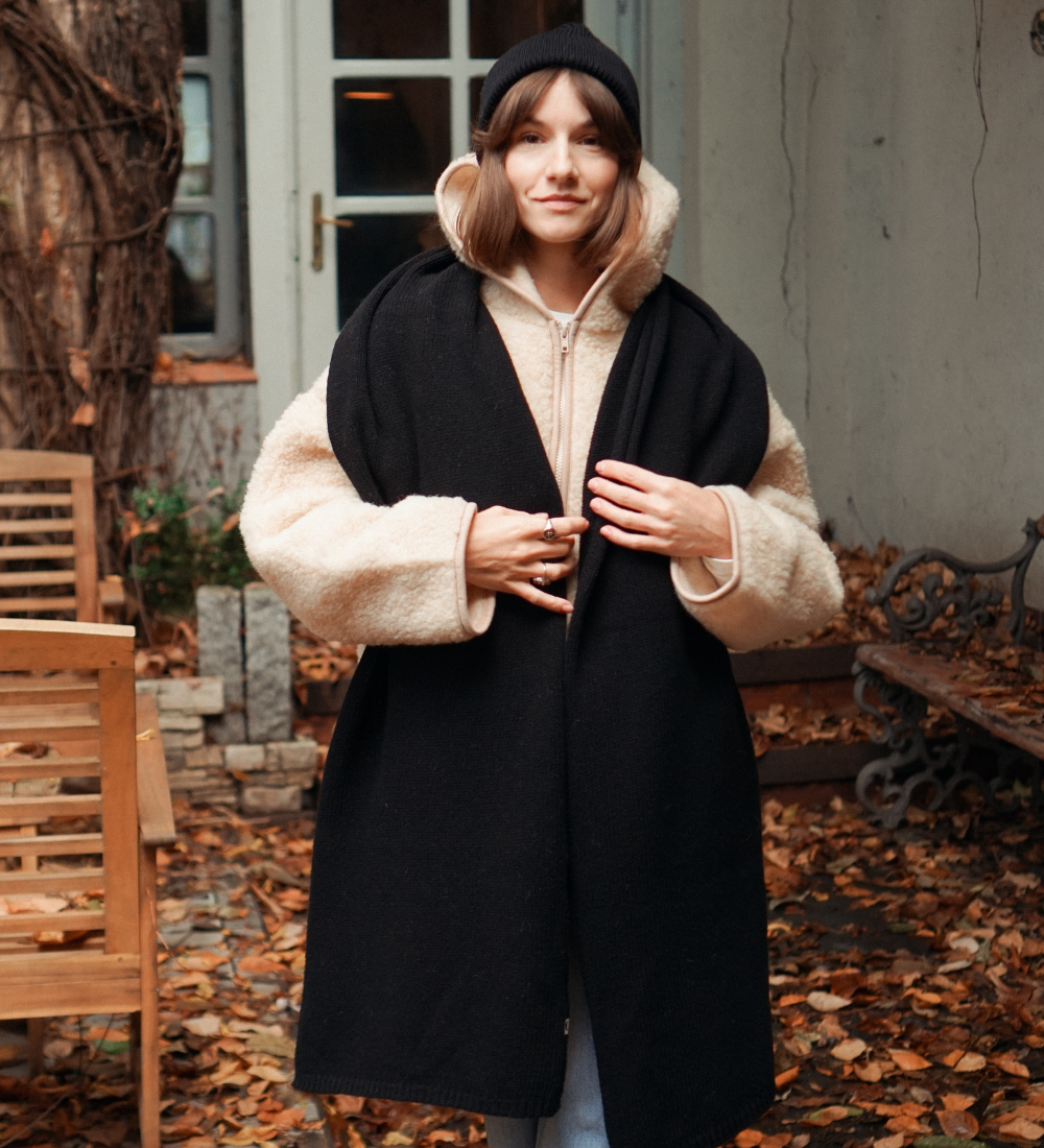 FREYA Szal dziany z wełny merynosa - czarny