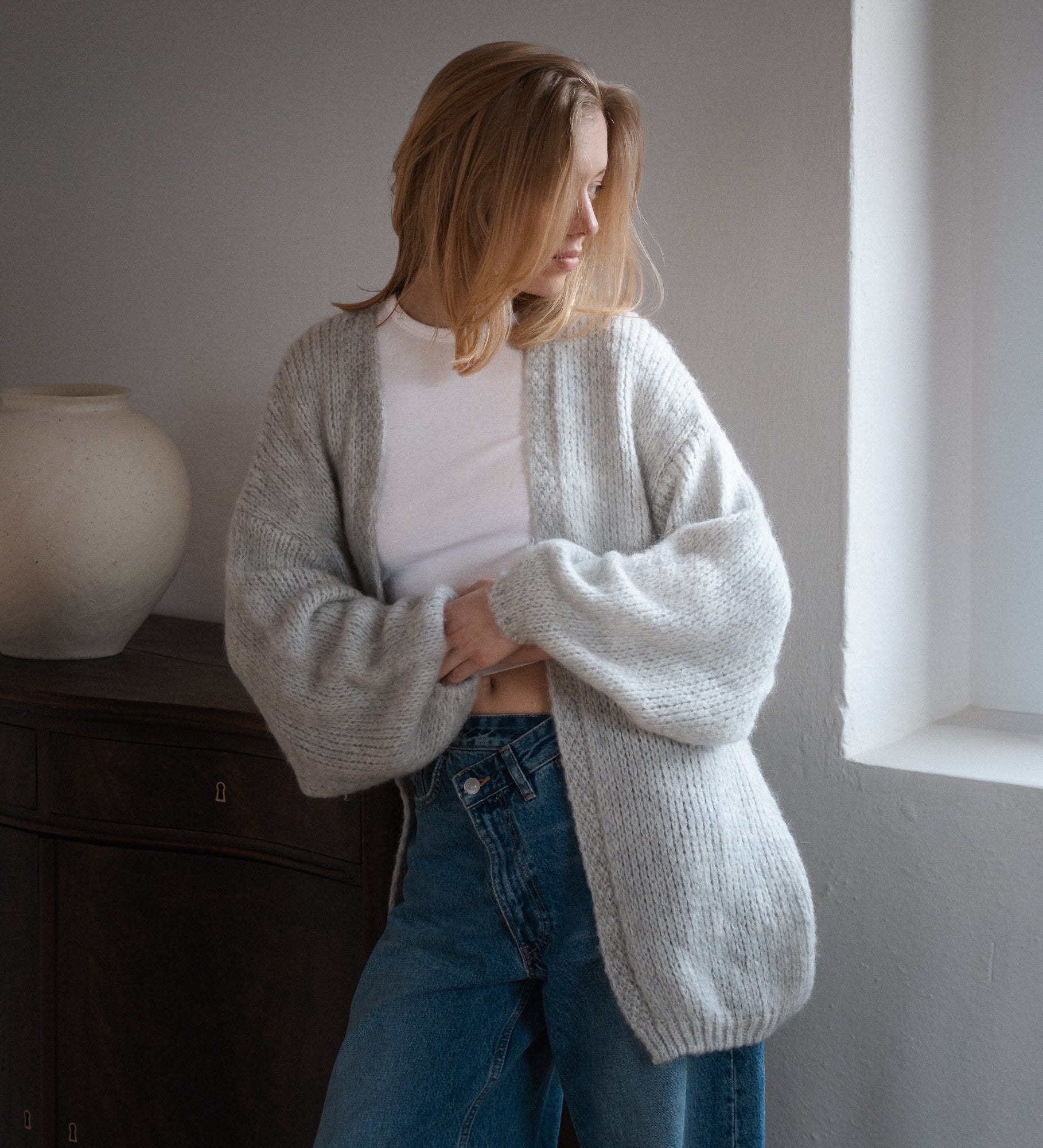 ROSA Miękki kardigan z wełną merino i moherem - szary