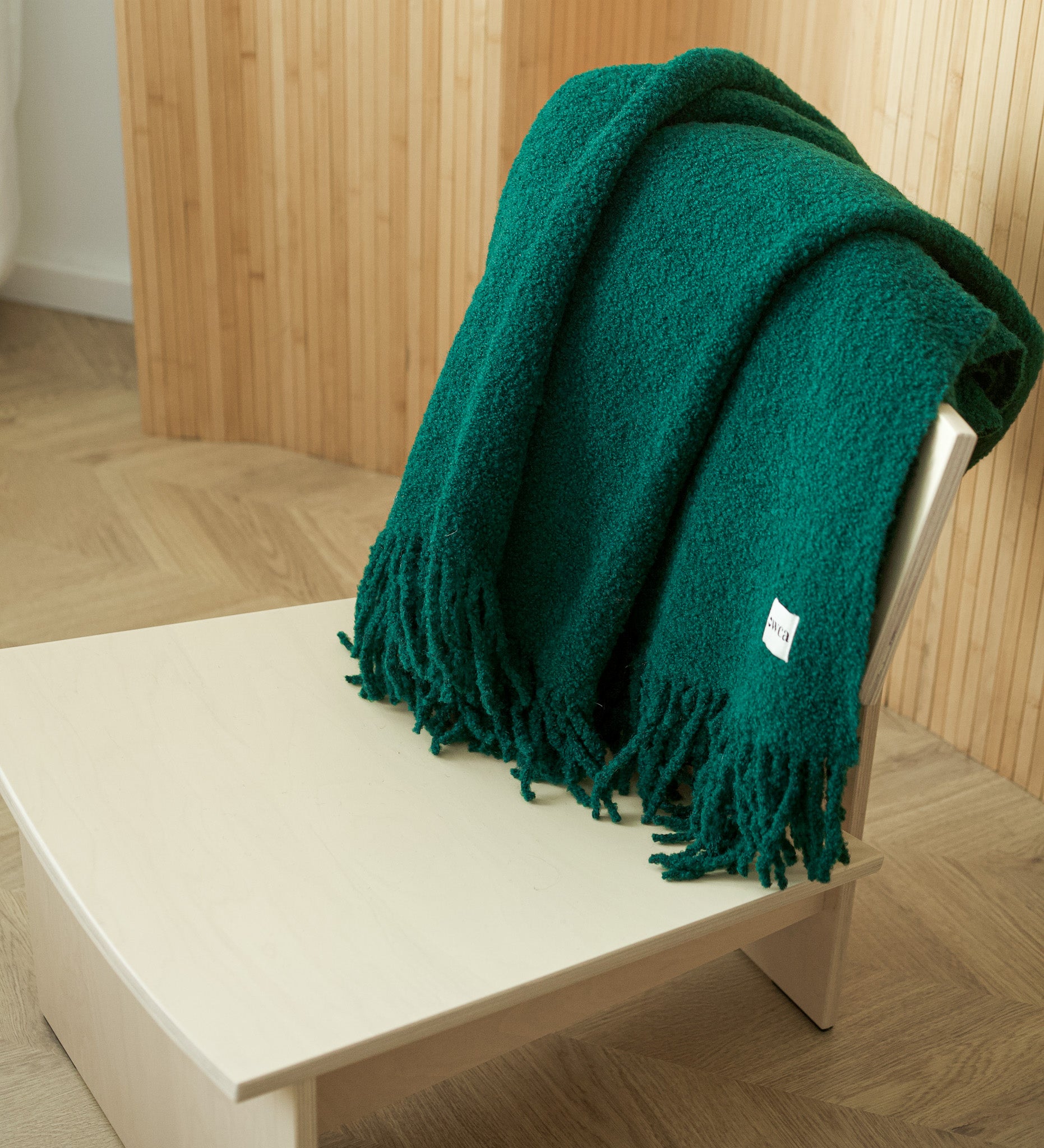 HELIOS Merino boucle blanket with fringe - sage green